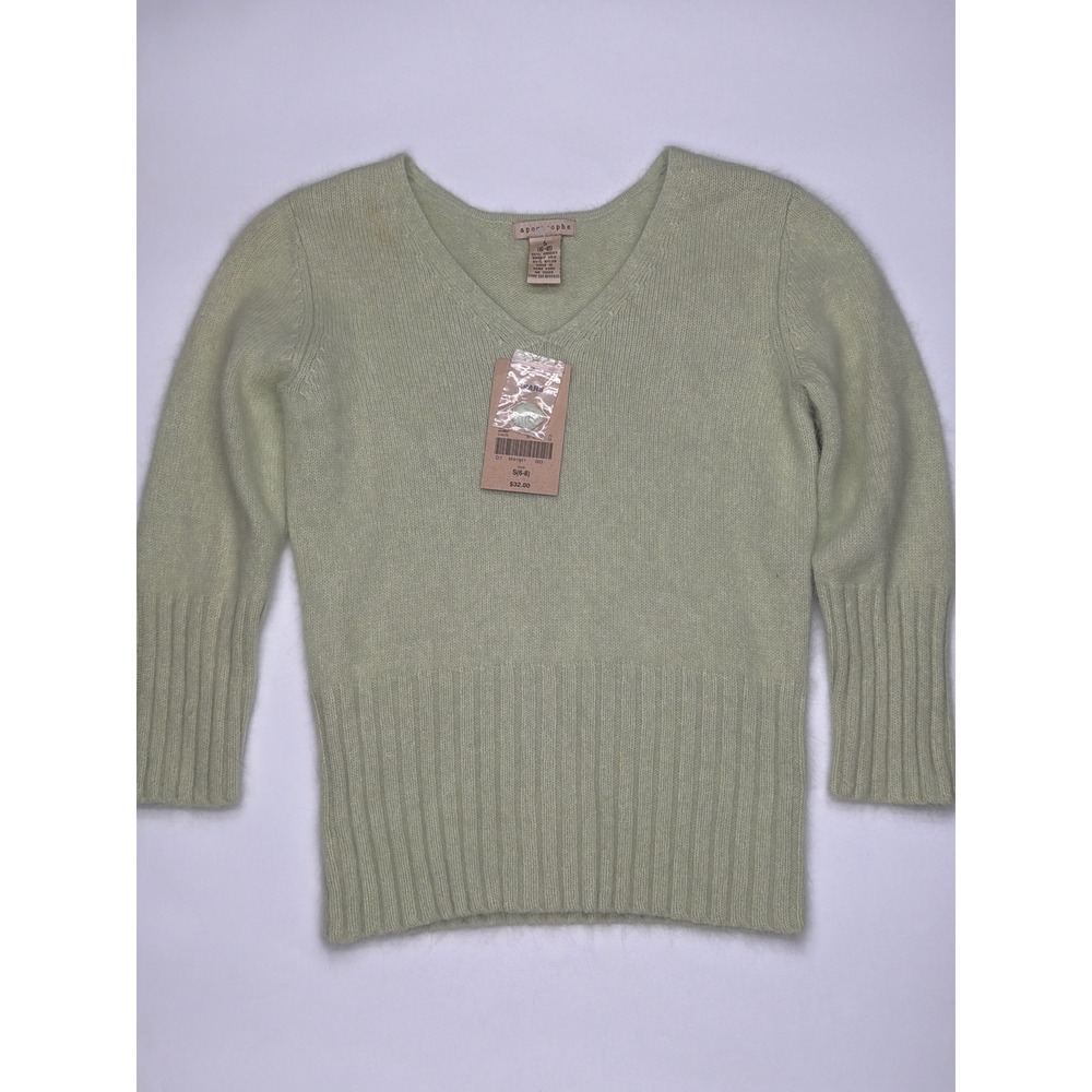 Apostrophe Womens Light Green V Neck 3/4 Sleeve Ribbed Sweater Size S NWT Angora